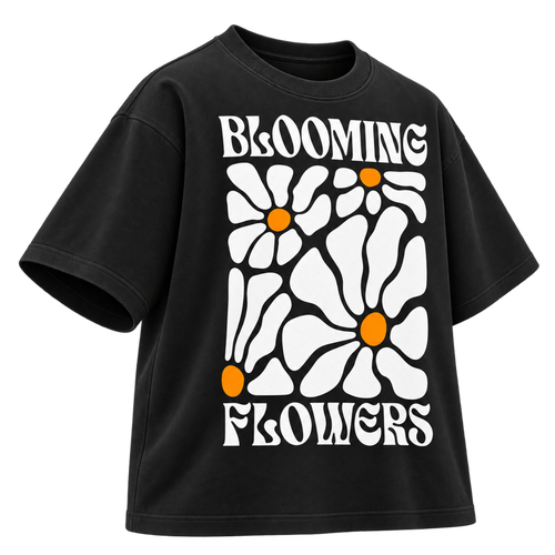 BAREVYN Blooming Flowers T-shirt in Black, left three-quarter view