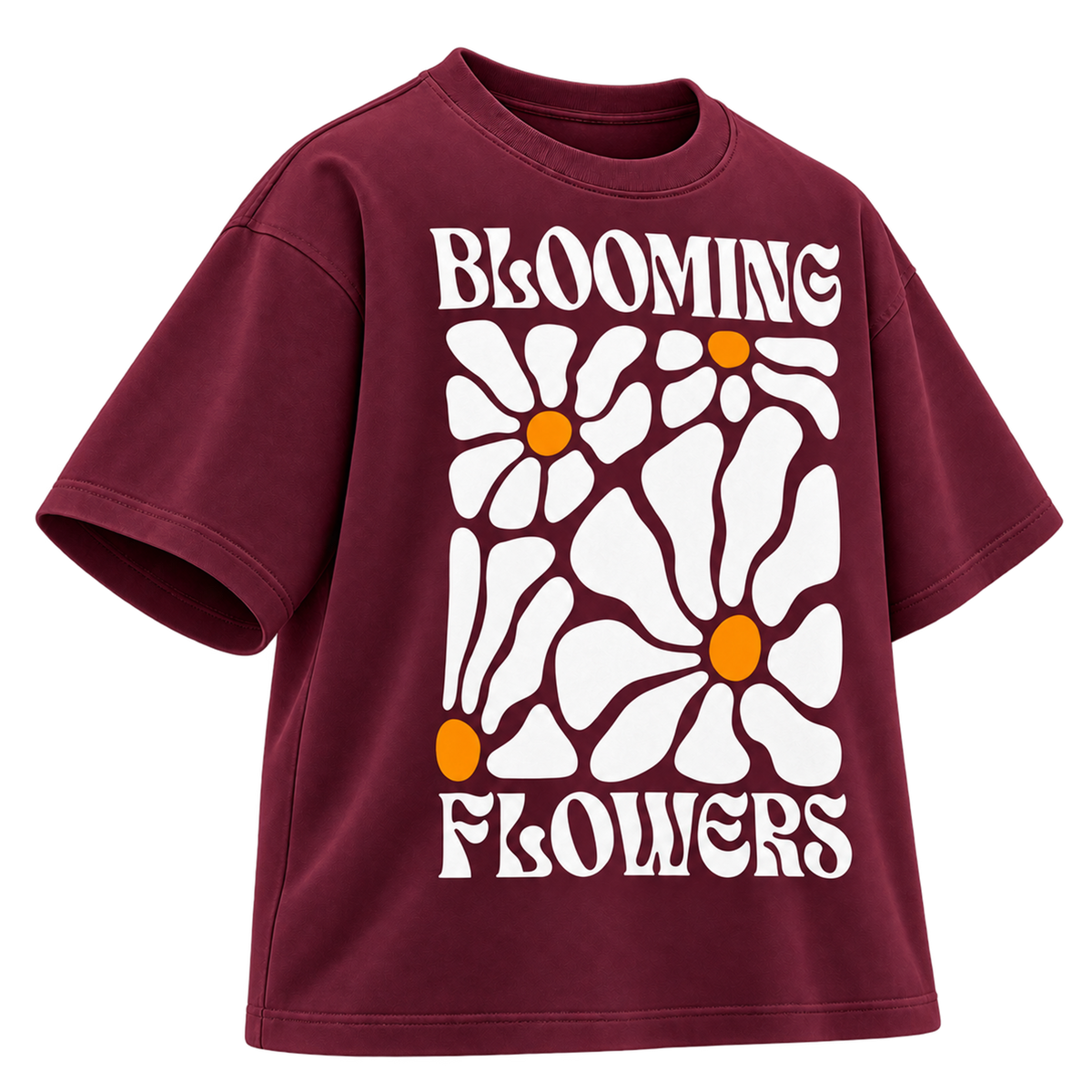 BAREVYN Blooming Flowers T-shirt in Burgundy, left three-quarter view