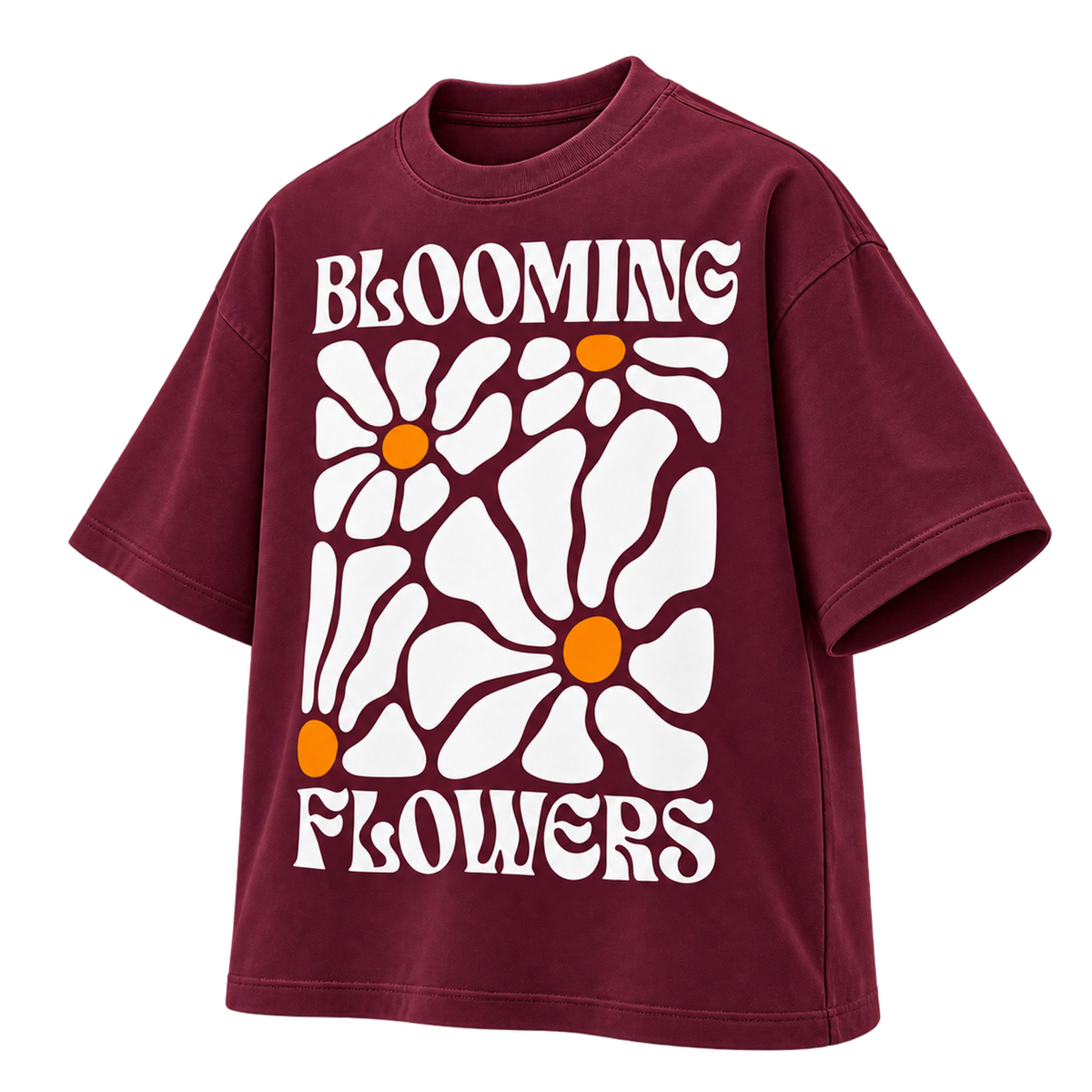 BAREVYN Blooming Flowers T-shirt in Burgundy, right three-quarter view