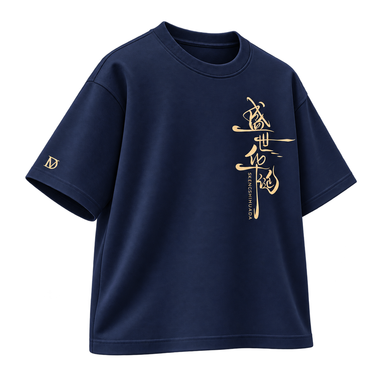 BAREVYN Calligraphy T-shirt in Blue, left three-quarter view