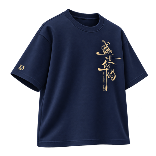 BAREVYN Calligraphy T-shirt in Blue, left three-quarter view