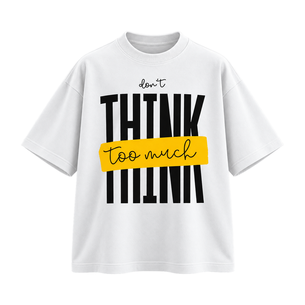 BAREVYN Dont Think Too Much T-shirt in White, front view