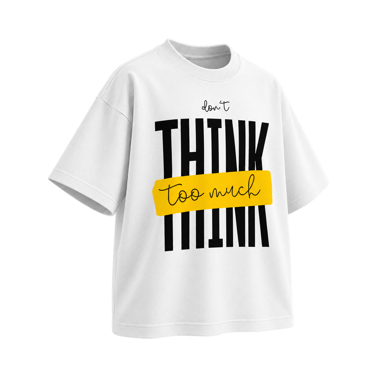 BAREVYN Dont Think Too Much T-shirt in White, left three-quarter view