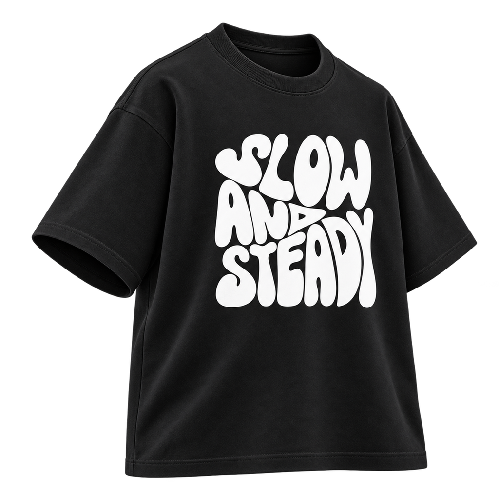BAREVYN Slow And Steady T-shirt in Black, left three-quarter view