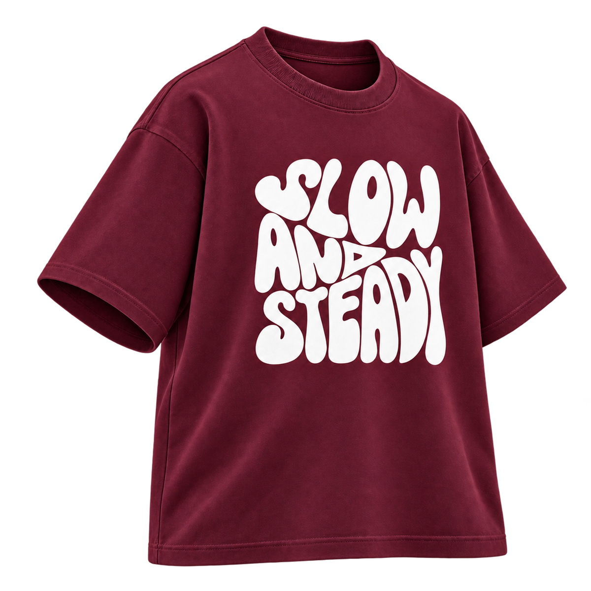 BAREVYN Slow And Steady T-shirt in Burgundy, left three-quarter view