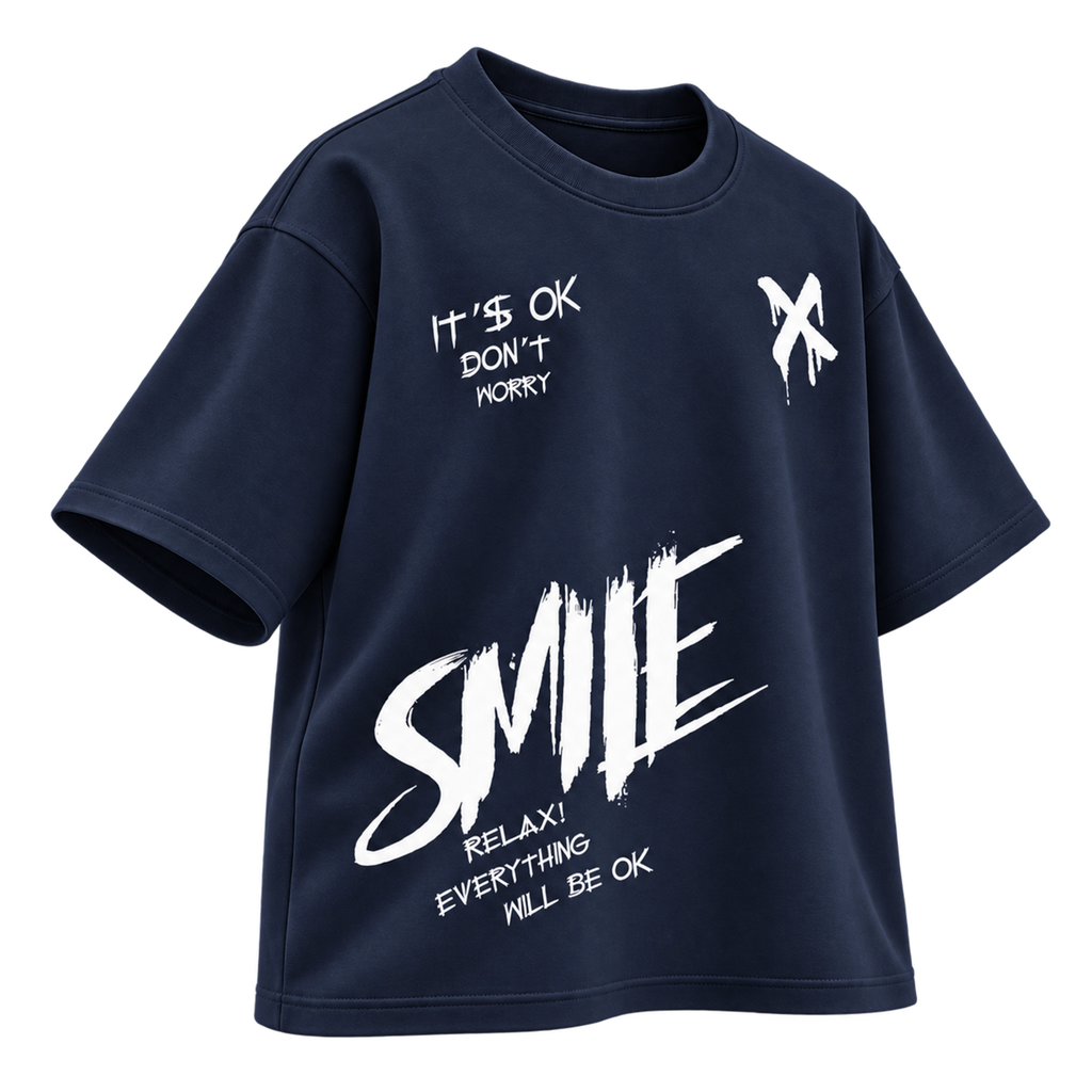 BAREVYN Smile T-shirt in Dark Blue, left three-quarter view