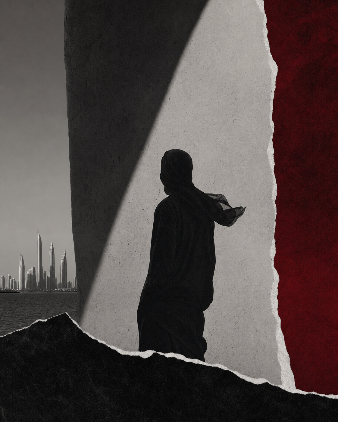Abstract black, bone and crimson editorial collage with a silhouetted figure
